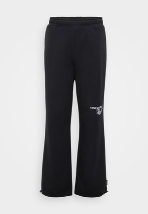 Black sweatpants with a relaxed fit, made of soft fabric. Features an elastic waistband and side pockets, with a logo on one leg.