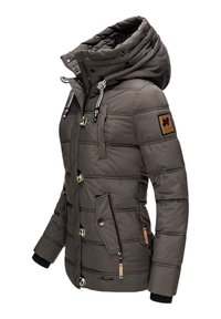 Padded dark green jacket with a high collar and detachable hood, featuring contrasting buttons, zippered pockets, and ribbed cuffs.