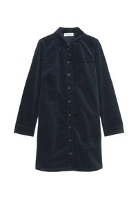Šaty z kordové tkaniny v námořnické modři s špičatým límcem, předním zapínáním na knoflíky, dlouhými rukávy a kapsou na prsou. Hladká textura a přizpůsobený tvar.
