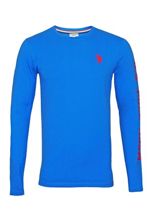 Long-sleeve T-shirt in bright blue cotton with a round neckline. Features a red logo on the chest and red text along one sleeve.