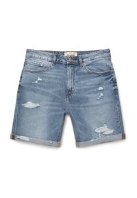 Denim shorts in light blue with a faded finish. Features distressed detailing, rolled hems, and traditional five-pocket design.
