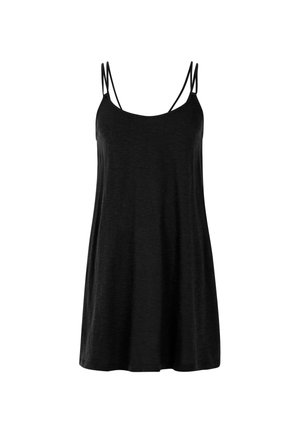 Zwarte mouwloze tuniek met dunne verstelbare bandjes, met een losse pasvorm en een zachte textuur, ontworpen voor comfort en bewegingsvrijheid.