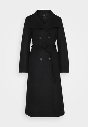 Manteau en laine noire avec un design croisé, col large, manches longues et ceinture ajustable. Texture lisse, longueur genou et accents de boutons.