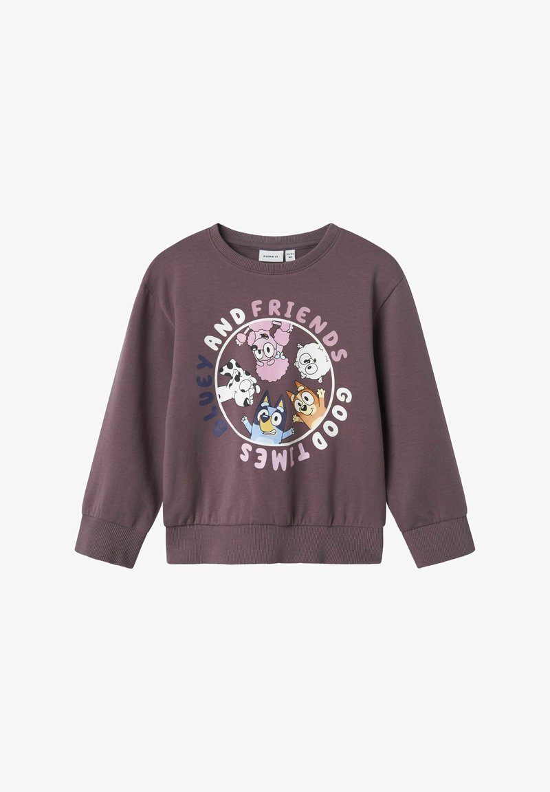 Sudadera morada de manga larga, con un estampado circular de animales de dibujos animados y el texto 'Bluey y Amigos Buenas Tiempos.' Tela suave, puños acanalados.