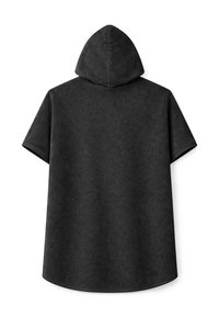 Schwarzer Kapuzen-Poncho mit kurzen Ärmeln, lockerem Schnitt und weichem, saugfähigem Stoff, von hinten gezeigt.