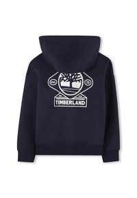 Felpa con cappuccio blu navy con un grande logo bianco Timberland e una grafica di albero, con il testo "Est. 73" centrato sul retro.