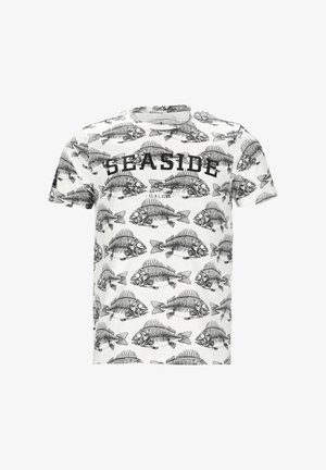 Weißes Baumwoll-T-Shirt mit einem schwarzen Fischskelettmuster und dem Wort "SEASIDE" in fetter Schrift. Kurze Ärmel und Rundhalsausschnitt.