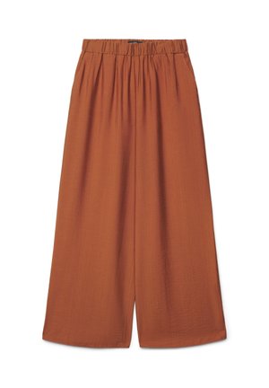 Hose mit weitem Bein und hoher Taille aus rostorangem Stoff mit elastischem Bund und entspanntem, fließendem Schnitt.