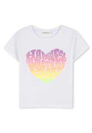 Bijela kratka majica s kratkim rukavima s šarenim srcem u kojem je tekst "Sreća je ondje gdje je srce" u gradijentu od ljubičaste do žute.