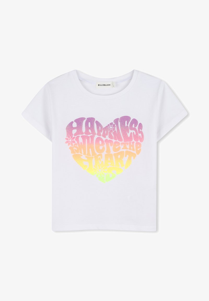 Λευκό κοντομάνικο μπλουζάκι με πολύχρωμο γραφικό καρδιάς που περιέχει το κείμενο «Η ευτυχία είναι εκεί που είναι η καρδιά» σε διαβαθμισμένο χρώμα από μοβ έως κίτρινο.