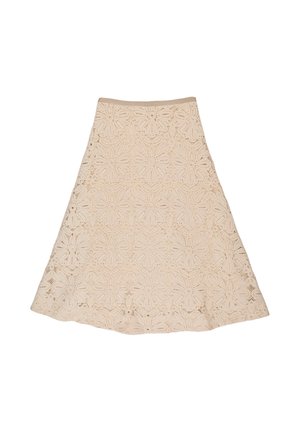 Beige A-lijn kanten rok met bloemmotieven en een gegolfde zoom, met een gestructureerd opengewerkt ontwerp en een gladde tailleband.