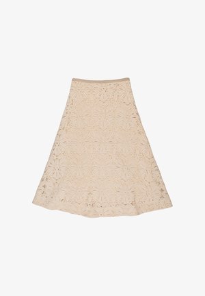 Beżowa spódnica w kształcie litery A z koronką, wzorami kwiatowymi i falowanym dołem, posiadająca teksturowany wzór ażuru i gładki pas.
