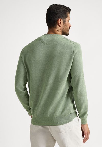 Man wearing light green knitted sweater and off-white pants, shown from behind against a plain white background.