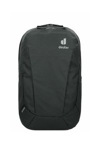 Schwarzer Rucksack aus strapazierfähigem Stoff mit einer glatten Textur. Mit einem Logo und einem eleganten Design sowie mehreren Fächern und Reißverschlüssen ausgestattet.