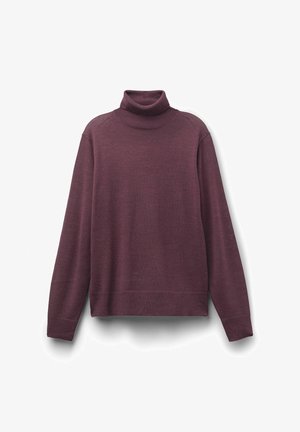 Bordeauxfarbener Rollkragenpullover aus weichem Strickmaterial, mit langen Ärmeln und geripptem Kragen und Saum. Glatte Textur mit lässiger Passform.