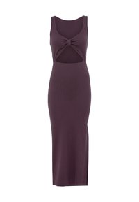 Mauve bez rukava midi haljina s izrezom u struku, s detaljem mašne i bočnim prorezom za dodatnu pokretljivost. Mekana, teksturirana tkanina.