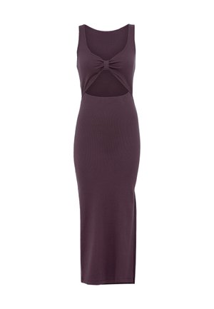 Mauve brezrokavni midi obleka s izrezom v pasu, ki vključuje detajl v obliki mašne in stranski razporek za dodatno gibljivost. Mehka, teksturirana tkanina.
