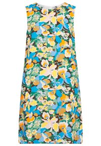 Vestido floral de longitud a la rodilla con escote redondo, que presenta un vibrante patrón de azules, amarillos y verdes sobre un fondo oscuro.