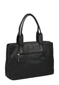 Borsa a mano nera in pelle con manici superiori doppi, superficie texturizzata e tasca con zip sul davanti. Presenta una chiusura con zip lungo la parte superiore.