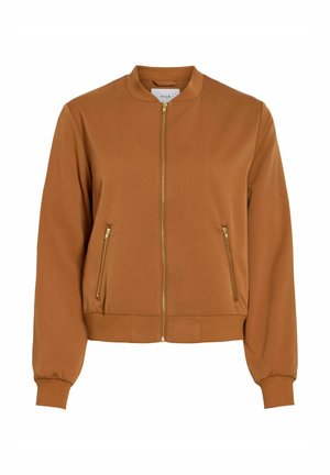 Veste aviateur marron avec fermeture éclair à l'avant, poignets et ceinture côtelés. Comprend deux poches latérales avec fermetures éclair dorées. Texture de tissu lisse.