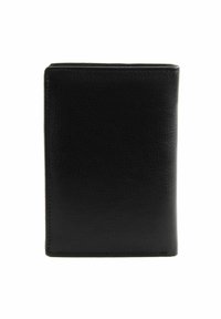 Portefeuille en cuir noir avec une finition texturée, de forme rectangulaire et aux bords cousus. Présente un intérieur lisse pour les cartes et les billets.