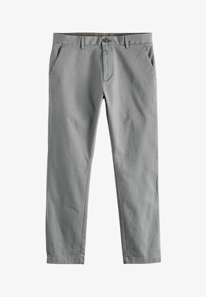 Graue Hose aus strukturiertem Material, mit geradem Bein, vorderen Taschen und Knopfverschluss.