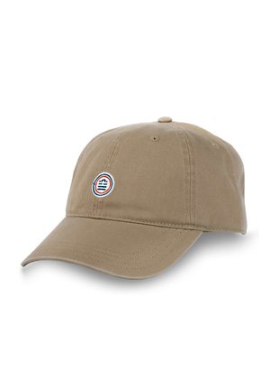 Casquette de baseball kaki en coton avec une visière incurvée et un accent piqué. Présente un logo brodé en forme de cercle à l'avant.