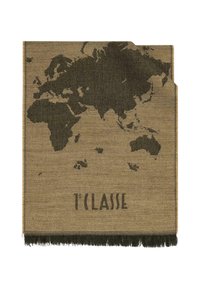 Tessuto intrecciato in tonalità terra con un disegno della mappa del mondo in verde scuro, con frange sul fondo e il testo "T'CLASS" ben visibile.