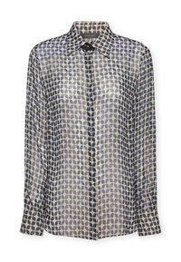 Blusa leggera e semitrasparente con maniche lunghe e colletto, caratterizzata da un motivo blu ripetitivo su fondo crema. Include chiusure con bottoni.