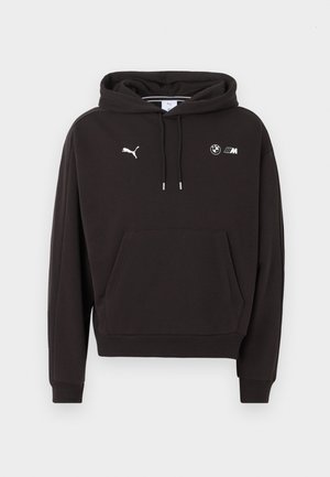 Hanorac negru cu buzunar frontal, glugă cu șnur, logo Puma pe pieptul stâng și logo-urile BMW M pe pieptul drept.
