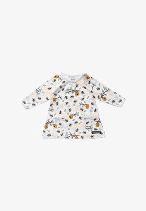 Weißes Langarmkleid für Kleinkinder mit aufgedruckten Bienen, Honigwaben, Ästen und grünen Blättern, mit zwei Fronttaschen und einem "Villervalla"-Etikett.