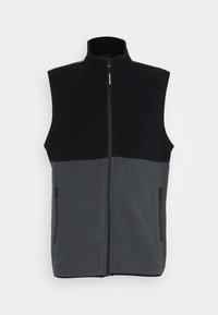 Svart och grå fleeceväst med hög krage, dragkedja fram och två sidofickor, med en färgblockdesign och mjuk textur.