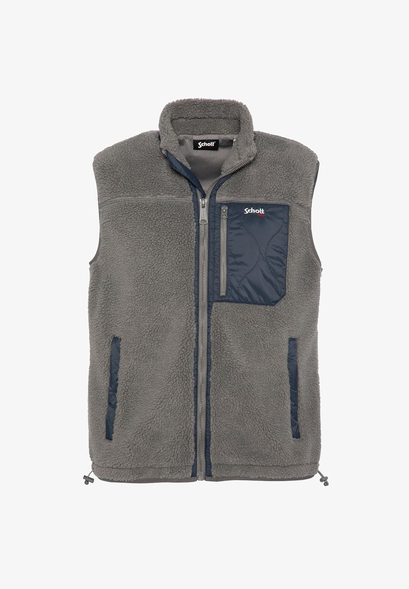 Gilet in fleece grigio con collo alto, chiusura con zip e tasca sul petto in nylon blu. Presenta un tessuto testurizzato e orlo regolabile.