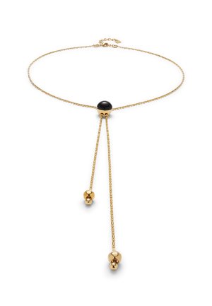 Collar de color dorado con un diseño de cadena que presenta una cuenta negra central y dos cuentas doradas colgantes, creando una apariencia en capas.