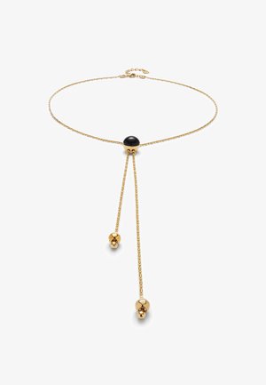 Collar de color dorado con un diseño de cadena que presenta una cuenta negra central y dos cuentas doradas colgantes, creando una apariencia en capas.