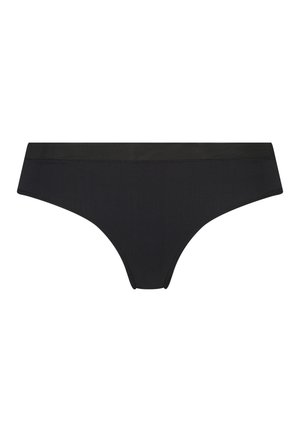 Schwarze Bikini-Höschen aus glattem, dehnbarem Stoff mit einem tief sitzenden Design und nahtlosen Kanten für Komfort und unauffälliges Tragen.