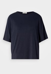 T-shirt a maniche corte di colore blu navy realizzato in tessuto morbido, con una vestibilità ampia e scollatura rotonda. Presenta un design minimalista e senza motivi visibili.