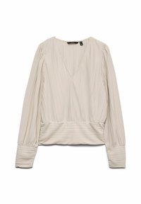 Lichtbeige blouse met lange mouwen, verticale plooien, V-hals en gathered manchetten; zachte, gestructureerde stof met een fitted taille.