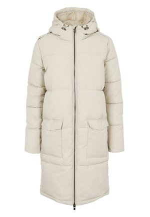 Wattierte Jacke in hellbeige mit Kapuze, durchgehendem Reißverschluss, zwei großen Fronttaschen und gestepptem Design zur Isolierung.