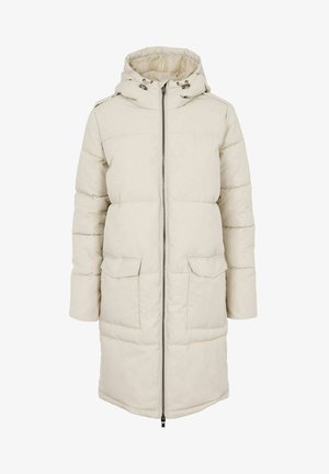 Puffer coat in light beige with a hood, full front zipper, two large front pockets, and quilted design for insulation.