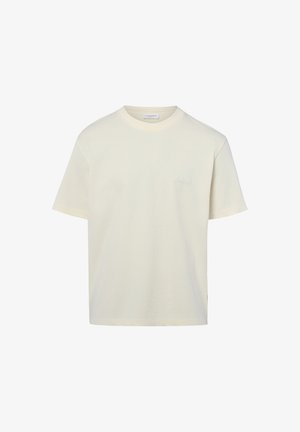 T-shirt à manches courtes de couleur blanc cassé avec col rond, coupe décontractée et logo discret sur la poitrine gauche, sur fond blanc.