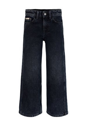 Jean denim noir à jambes larges avec bouton à l'avant, passants de ceinture et étiquette Calvin Klein sur la poche.