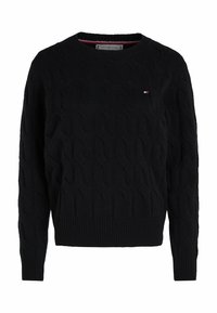 Schwarzer gestrickter Pullover mit Zopfmuster, Rundhalsausschnitt und geripptem Saum. Verfügt über ein kleines Logo auf der Brust und einen strukturierten Stoff.