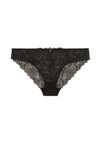 Culotte en dentelle noire de style bikini avec des motifs floraux et un petit charme métallique en forme de V au centre de la taille.