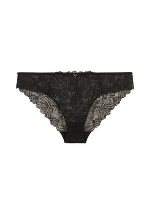 Culotte en dentelle noire de style bikini avec des motifs floraux et un petit charme métallique en forme de V au centre de la taille.