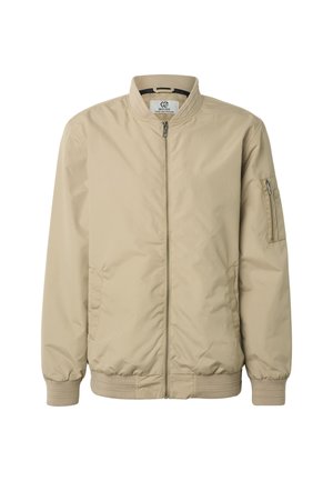 Beige Bomberjacke mit Reißverschluss, geripptem Kragen, Bündchen und Saum, mit einer Reißverschlusstasche am linken Ärmel.