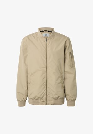 Beige Bomberjacke mit Reißverschluss, geripptem Kragen, Bündchen und Saum, mit einer Reißverschlusstasche am linken Ärmel.