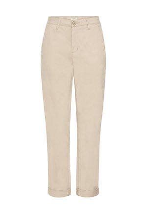 Chinos beiges avec une coupe droite. Fabriqués en coton, dotés d'une fermeture à bouton, de poches latérales et de poignets retroussés pour un look décontracté.