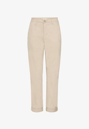 Chinos beiges avec une coupe droite. Fabriqués en coton, dotés d'une fermeture à bouton, de poches latérales et de poignets retroussés pour un look décontracté.