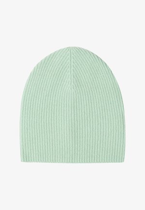 Chapeau beanie vert clair en matière tricotée à côtes, doté d'une forme ajustée avec un sommet sans couture et une texture flexible.